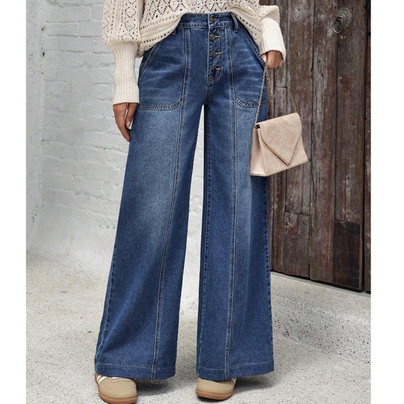 Dark Wash  Blue Wide leg Button Fly Wide leg Denim Jeans - Picture 5 of 8